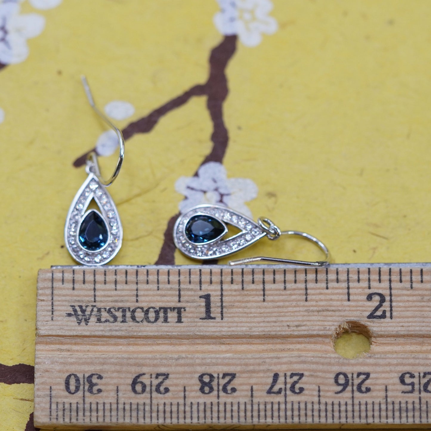 Vintage Sterling silver earrings, 925 teardrops with blue and cluster Cz