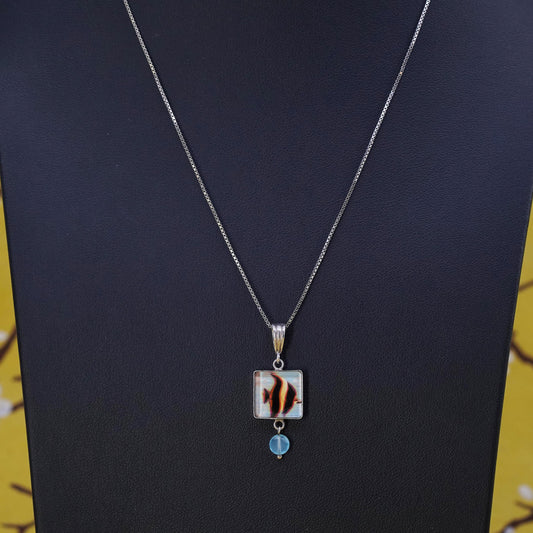 18”, Sterling 925 silver handmade necklace, double sided fish butterfly pendant