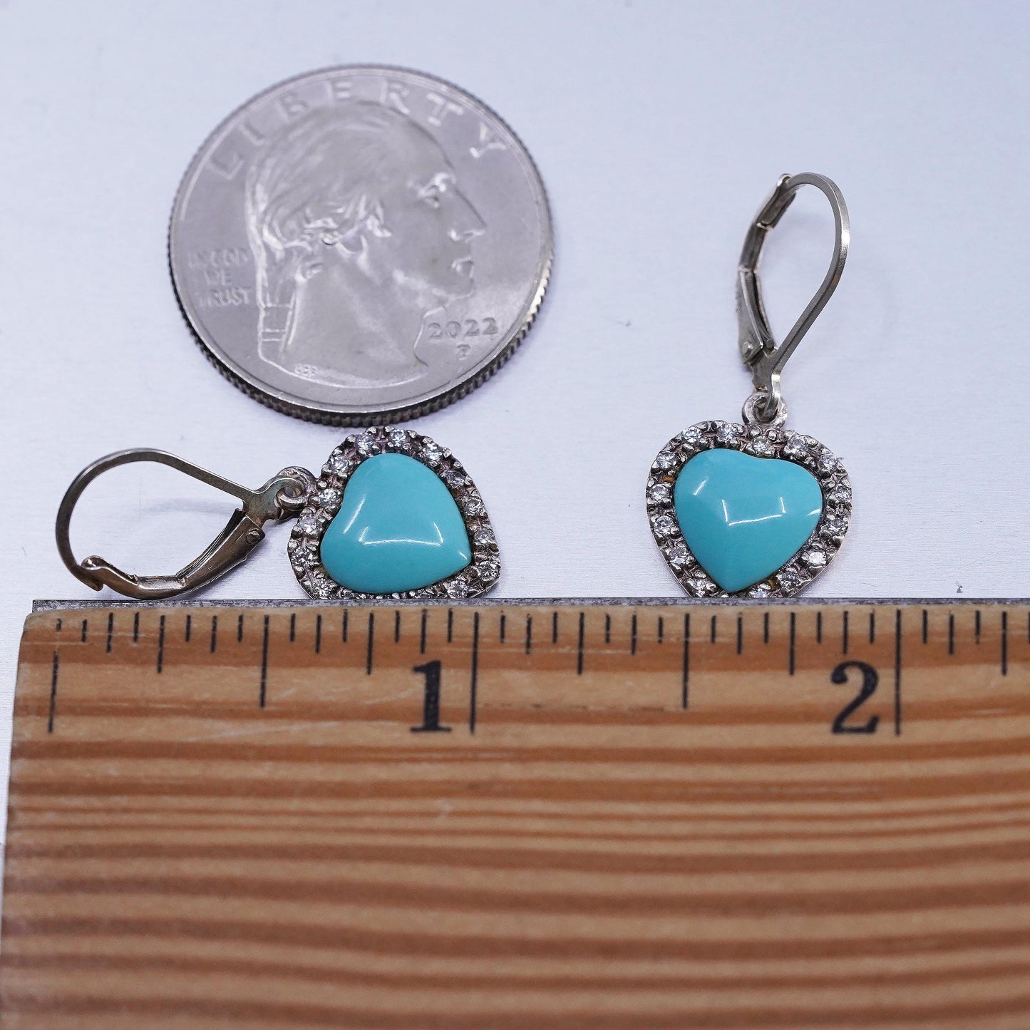 VTG 925 Sterling Silver Turquoise Heart Dangles, CZ Halo, Leverback Earrings
