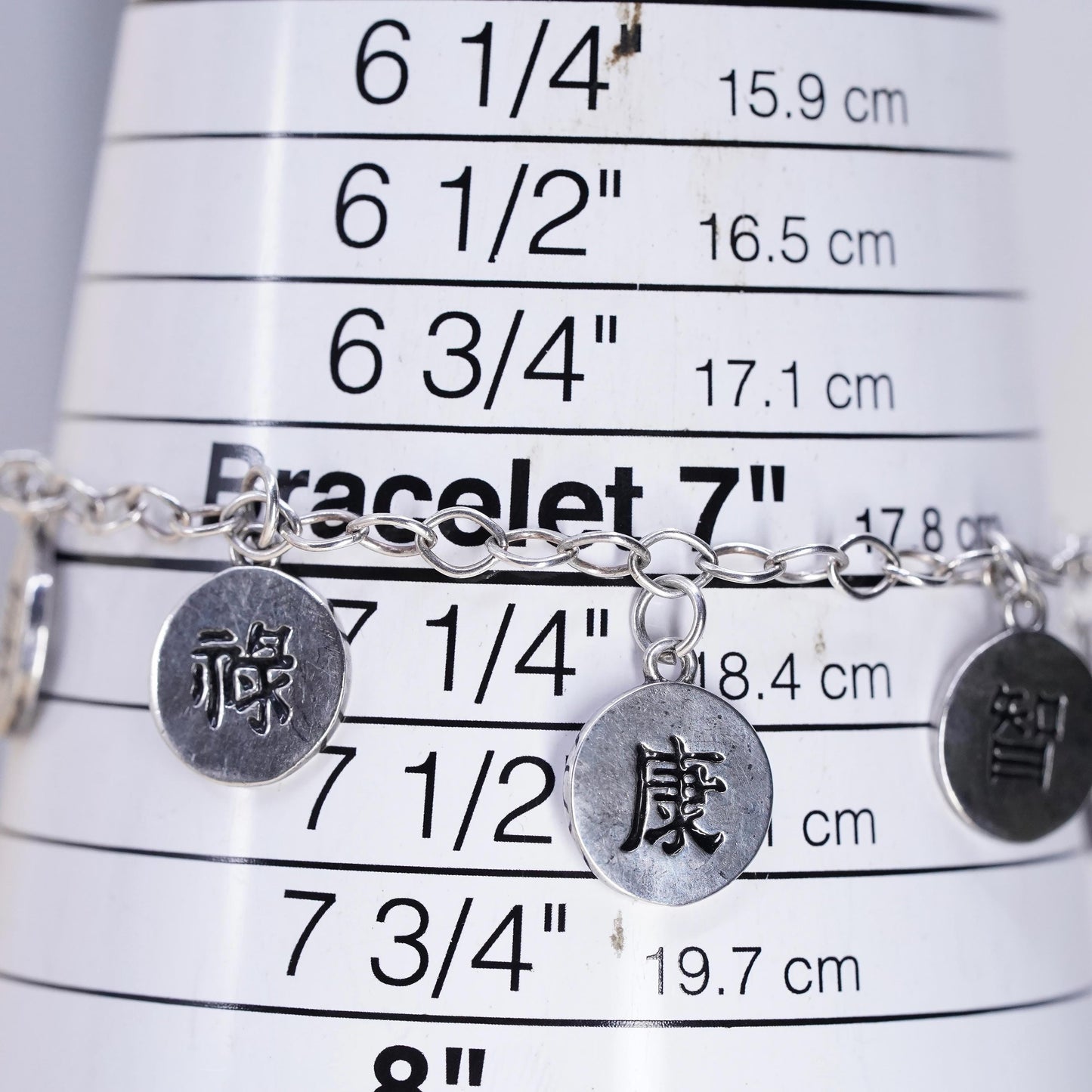 7” Sterling Silver Chinese Character Charms Bracelet, Love Wealth Wisdom Health