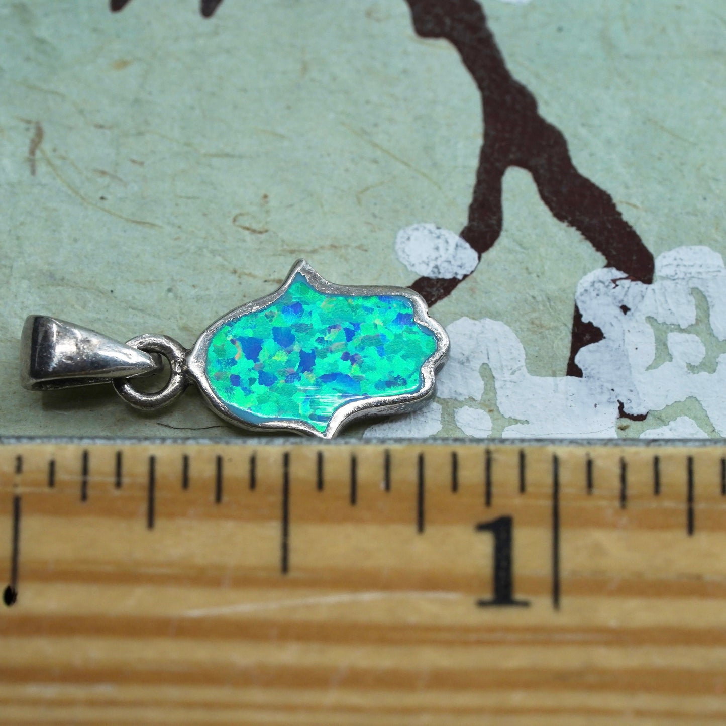 Vintage Sterling silver handmade pendant, 925 silver Hamsa hand with opal inlay