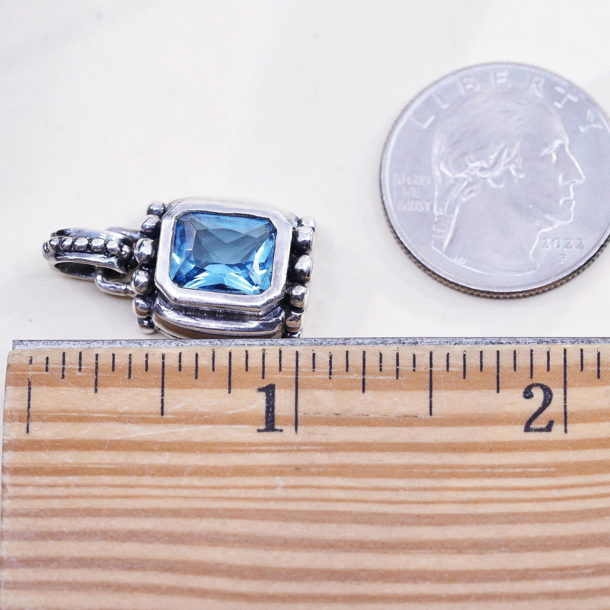 Vintage 925 Sterling Silver Blue Topaz Pendant, Emerald Cut Blue Gemstone Charm