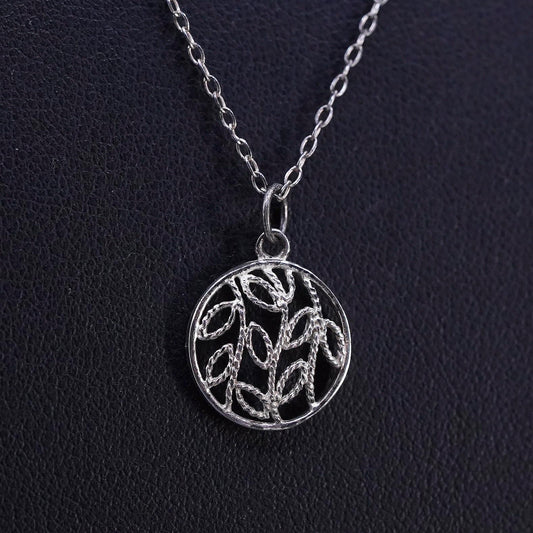 18", vintage Sterling silver necklace, 925 circle chain filigree leaves pendant