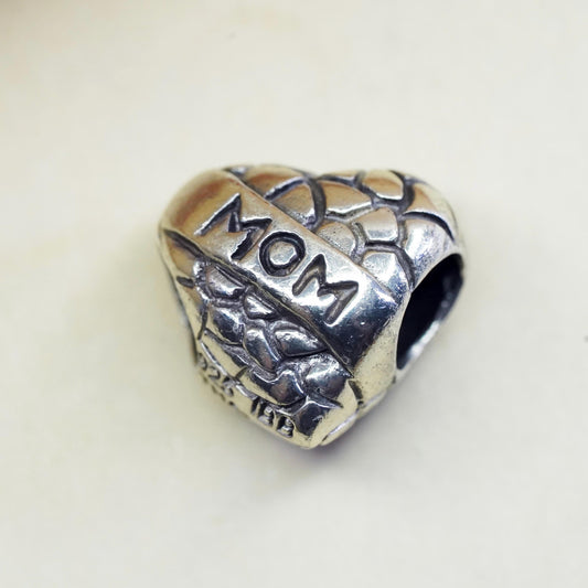 Vintage Sterling silver handmade bead charm, solid 925 silver heart pendant mom