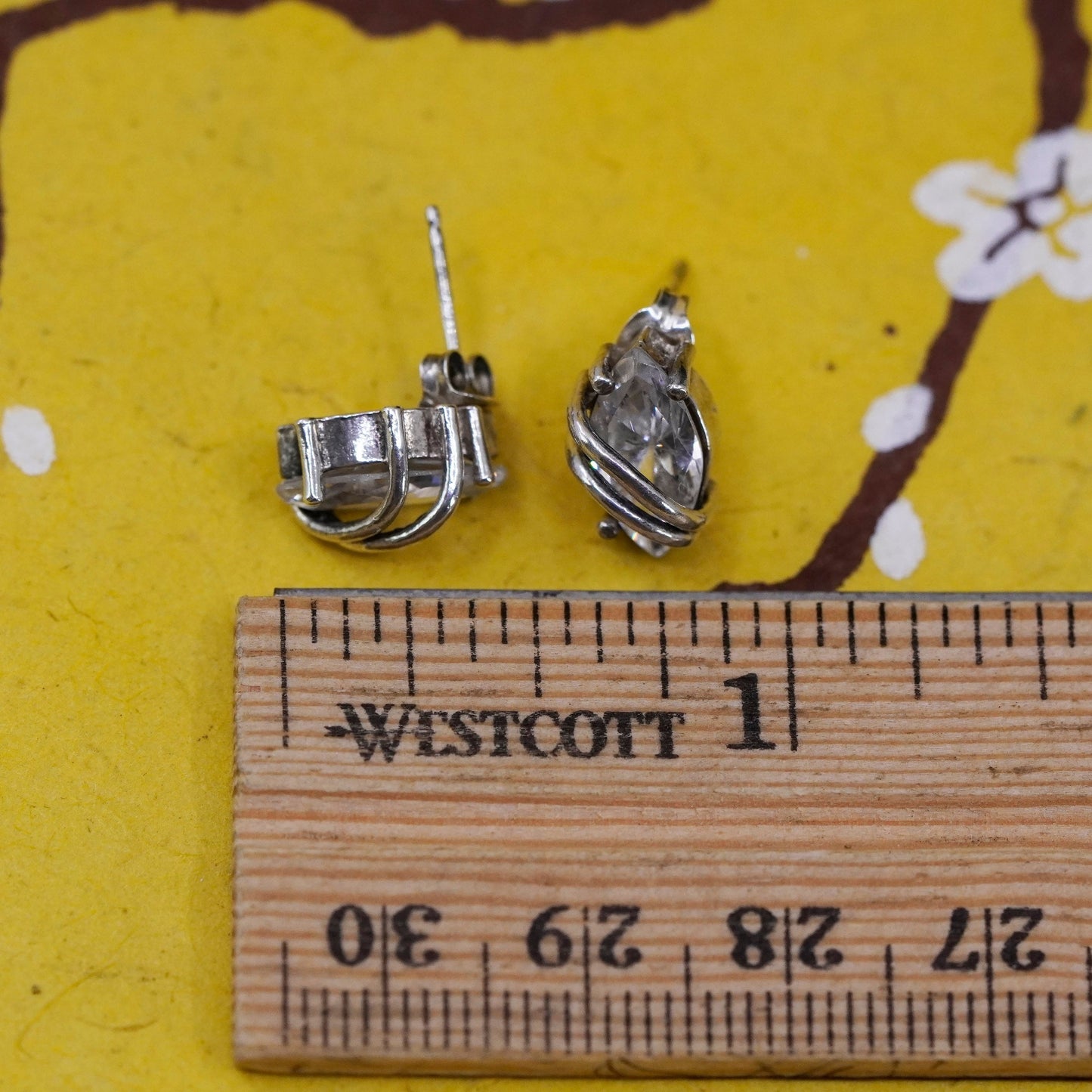 vintage Sterling silver 925 clear marquise shaped crystal studs, cz earrings