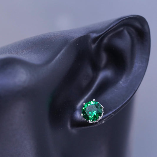 Vintage Sterling 925 silver handmade earrings, studs w/ emerald cz on the side