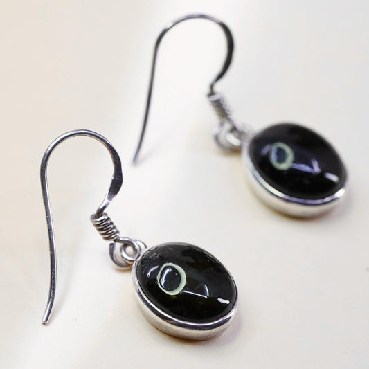 Vintage sterling 925 silver earrings, oval black onyx, handmade