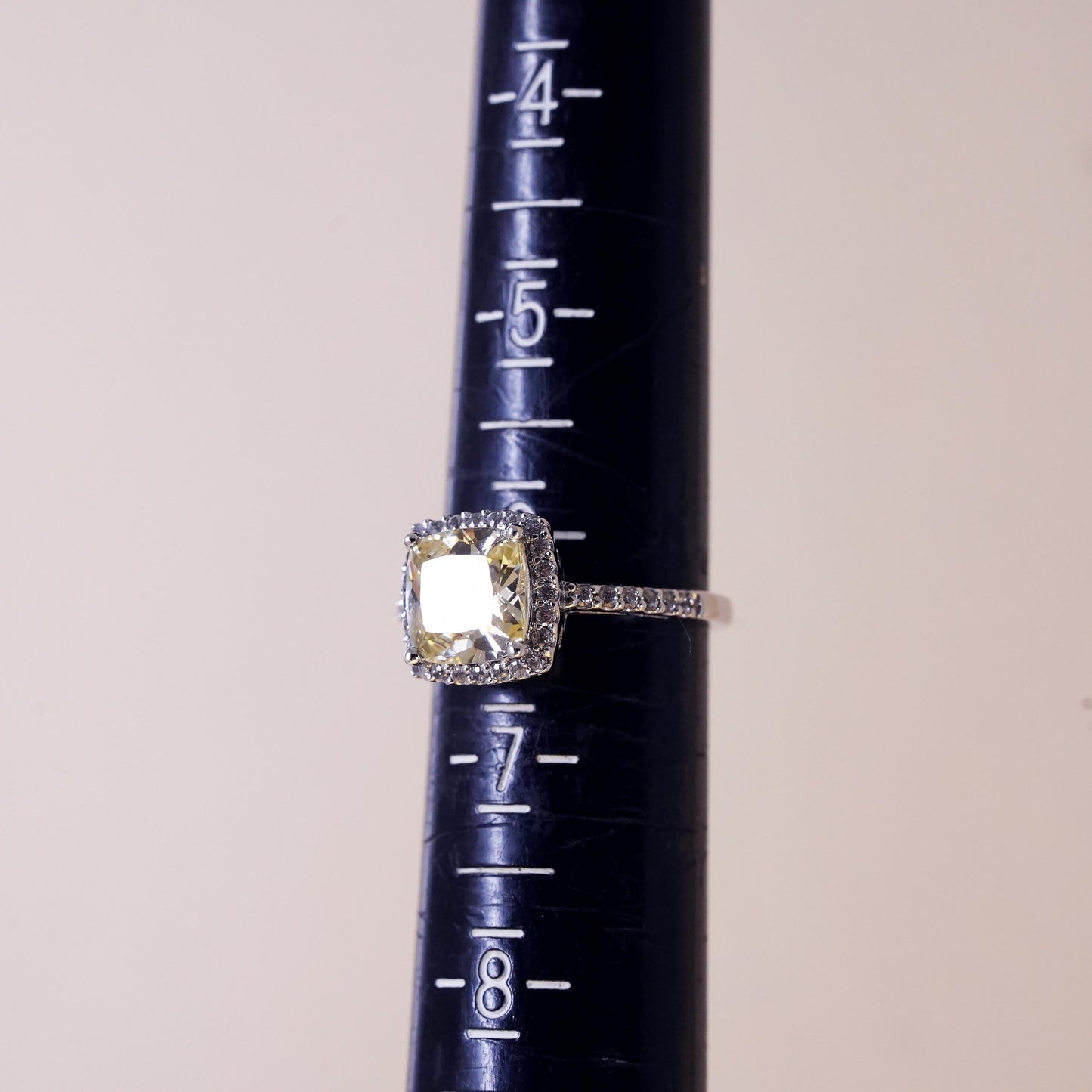 Size 6.5, vintage Sterling 925 silver ring with square citrine and cluster cz
