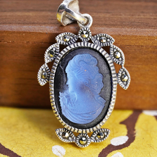 Vintage Sterling silver handmade pendant, 925 oval with cameo girl marcasite