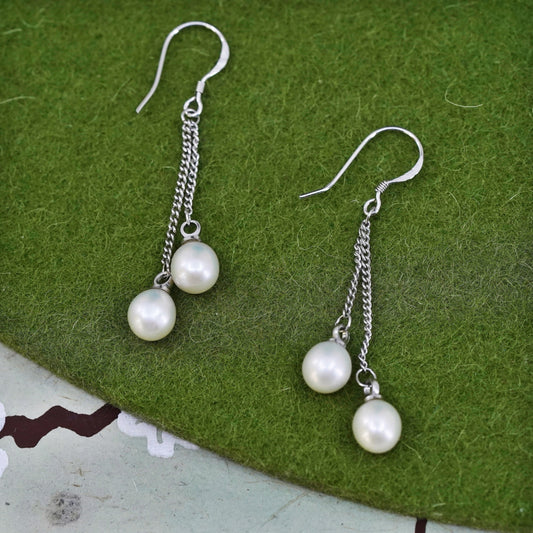 vintage Sterling 925 silver handmade earrings with oval freshwater pearl