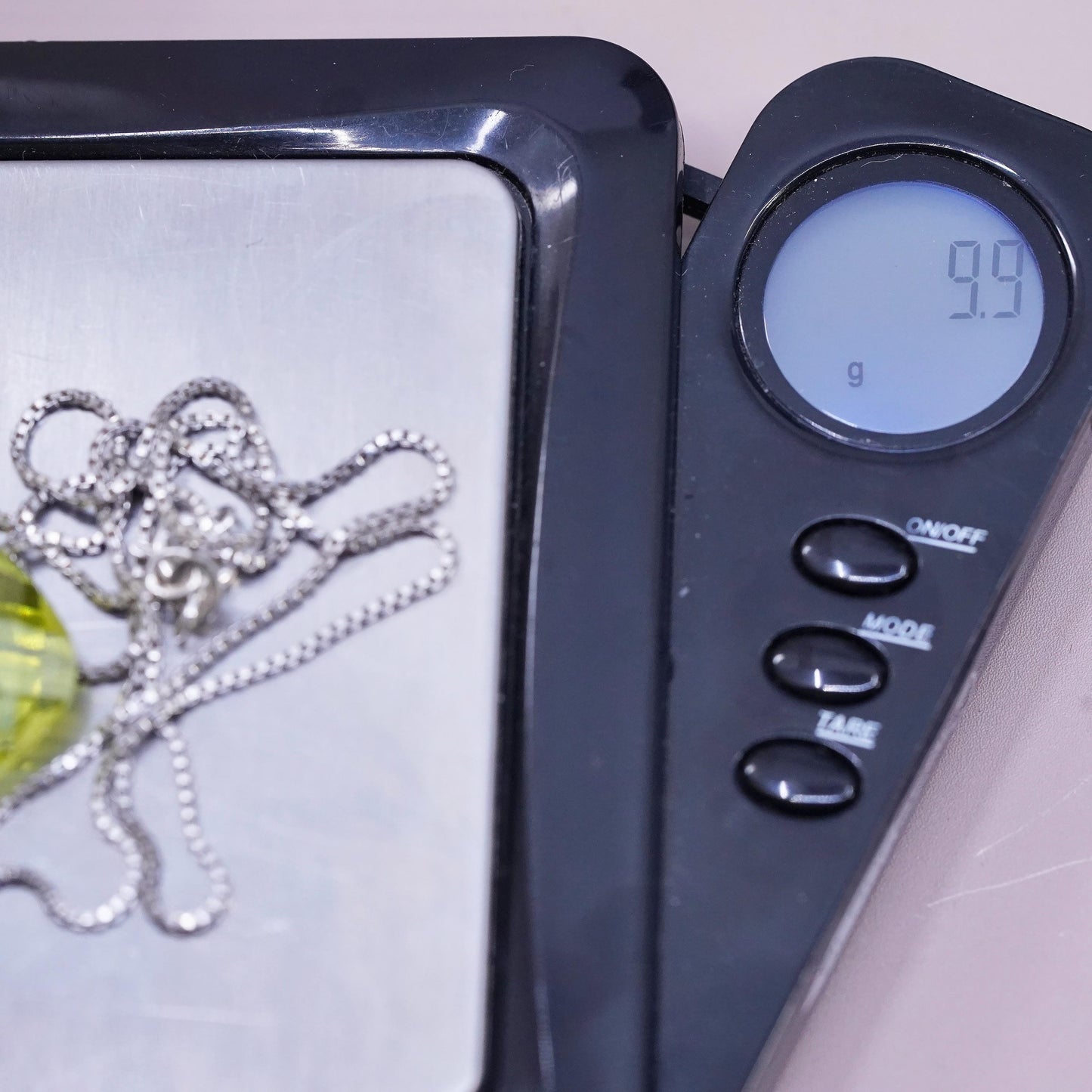 18", vintage Sterling silver necklace, 925 box chain lemon quartz pendant