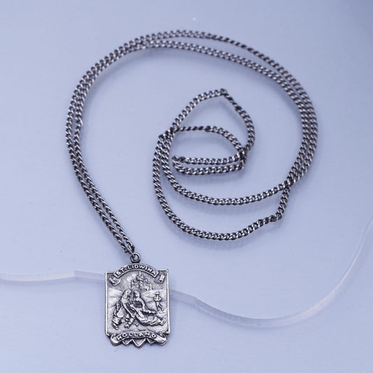 24”, VTG Sterling 925 silver curb necklace with St Lidwina Holland tag pendant