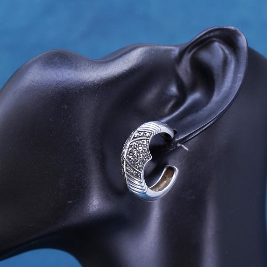1”, vintage Sterling silver earrings, 925 Huggie moon shaped hoops marcasites