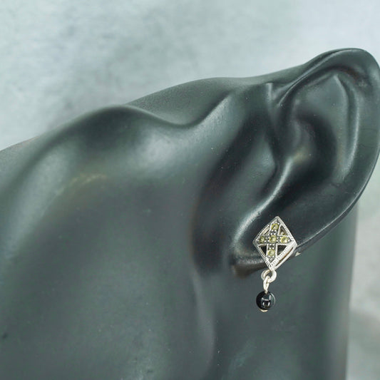 Vintage Sterling 925 silver handmade marcasite earrings with black onyx beads