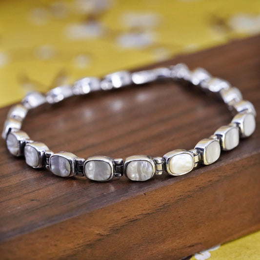 7.5”, Peyote Bird Sterling 925 silver tennis bracelet mother of pearl inlay