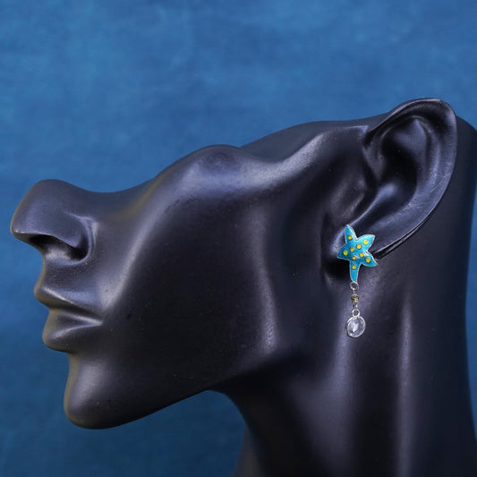 Vintage Sterling 925 silver handmade earrings, blue enamel starfish crystal