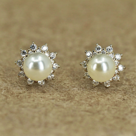 Vintage Sterling 925 silver handmade earrings, studs with pearl and cz