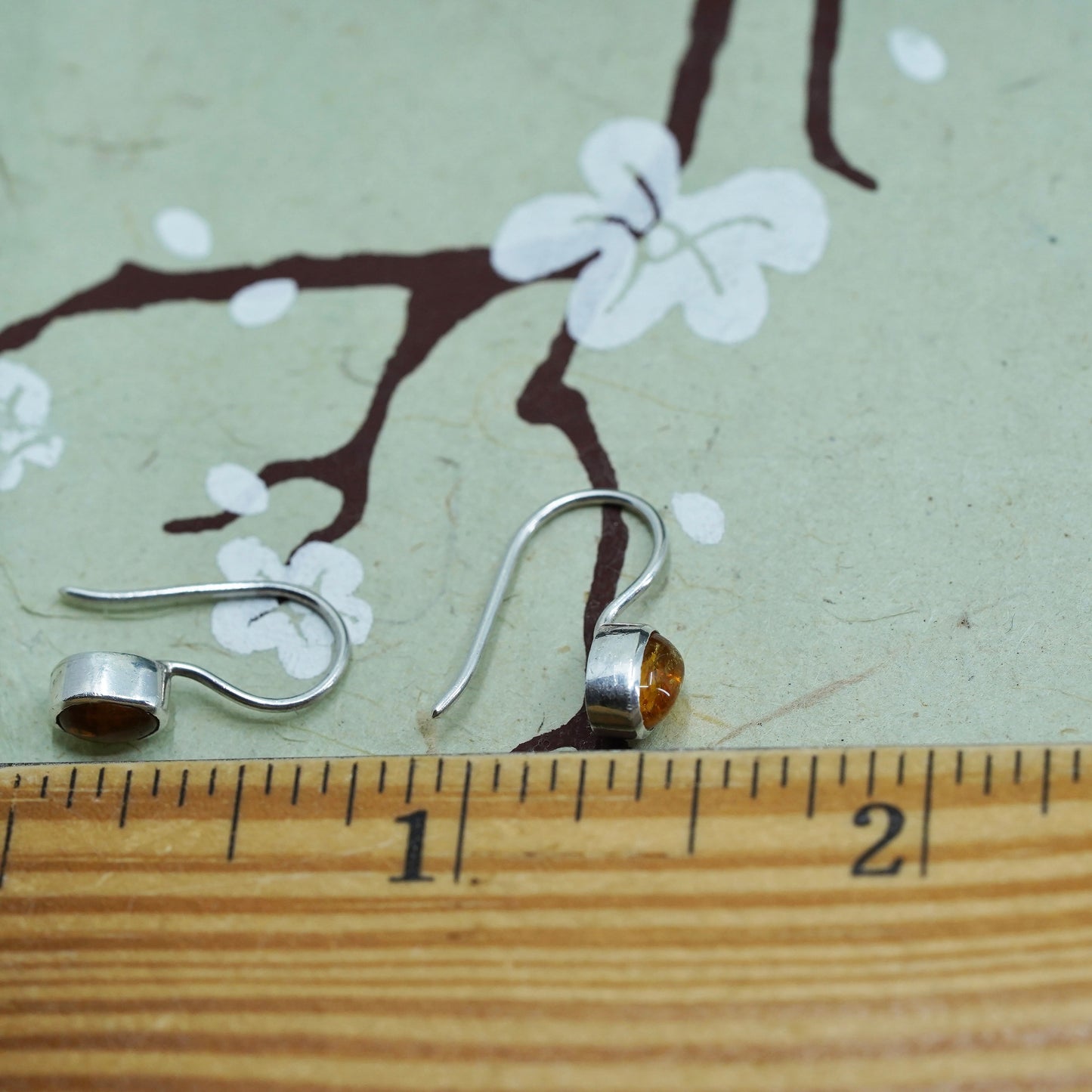 Vintage sterling 925 silver handmade earrings with oval Amber