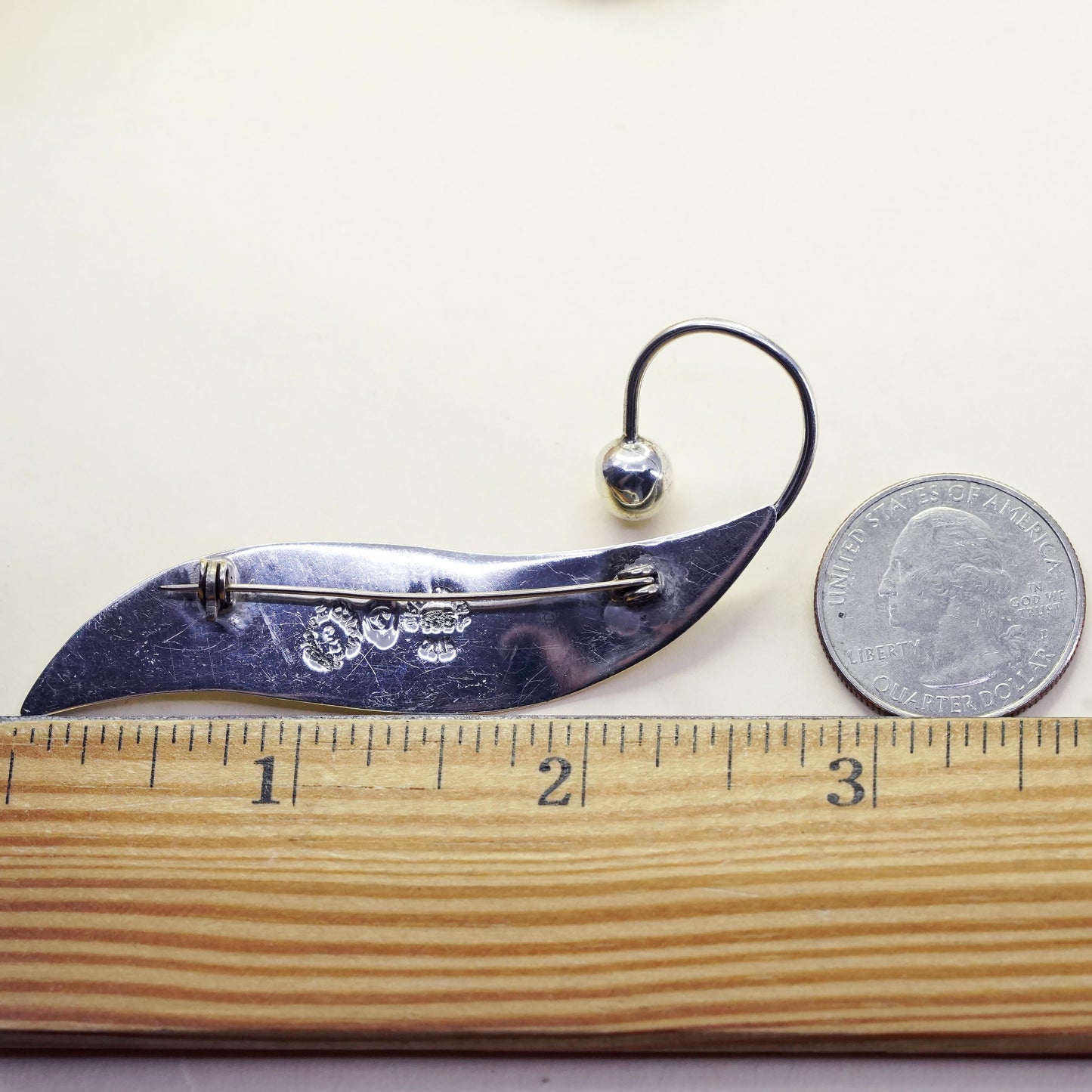 Vintage Mexican Taxco sterling silver handmade long leaf shaped brooch