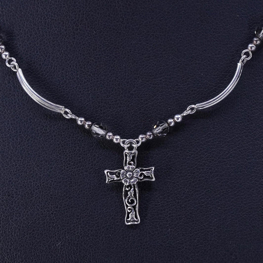 16”, vintage Sterling 925 silver curvy bar necklace with filigree cross pendant