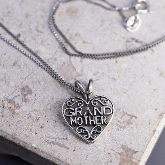 16", Vintage sterling 925 silver box chain necklace grandmother heart pendant