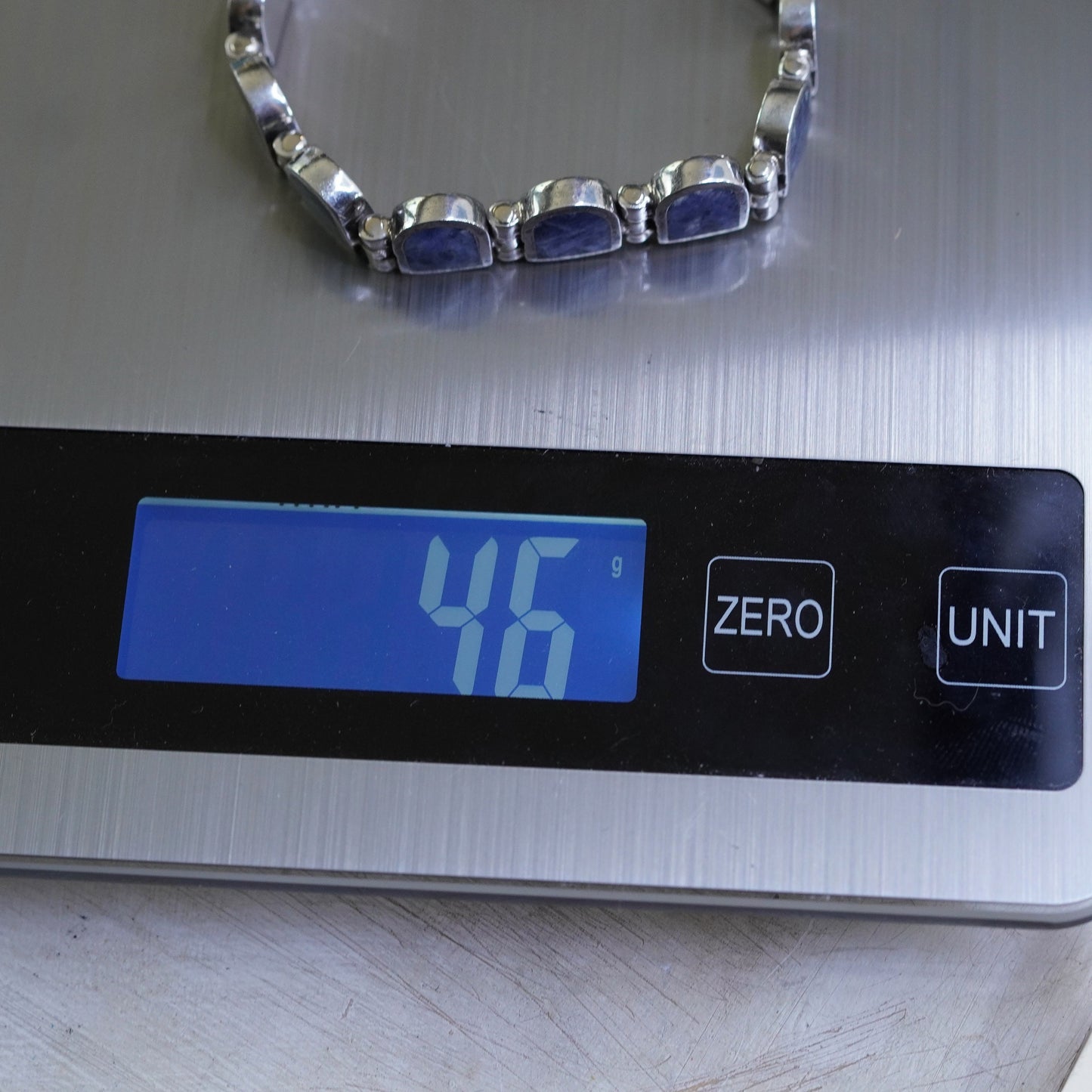 6.5”, vintage Mexico Sterling 950 silver tennis bracelet with sodalite inlay