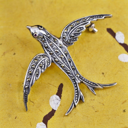 Vintage handmade sterling 925 silver swallow bird brooch with marcasite details
