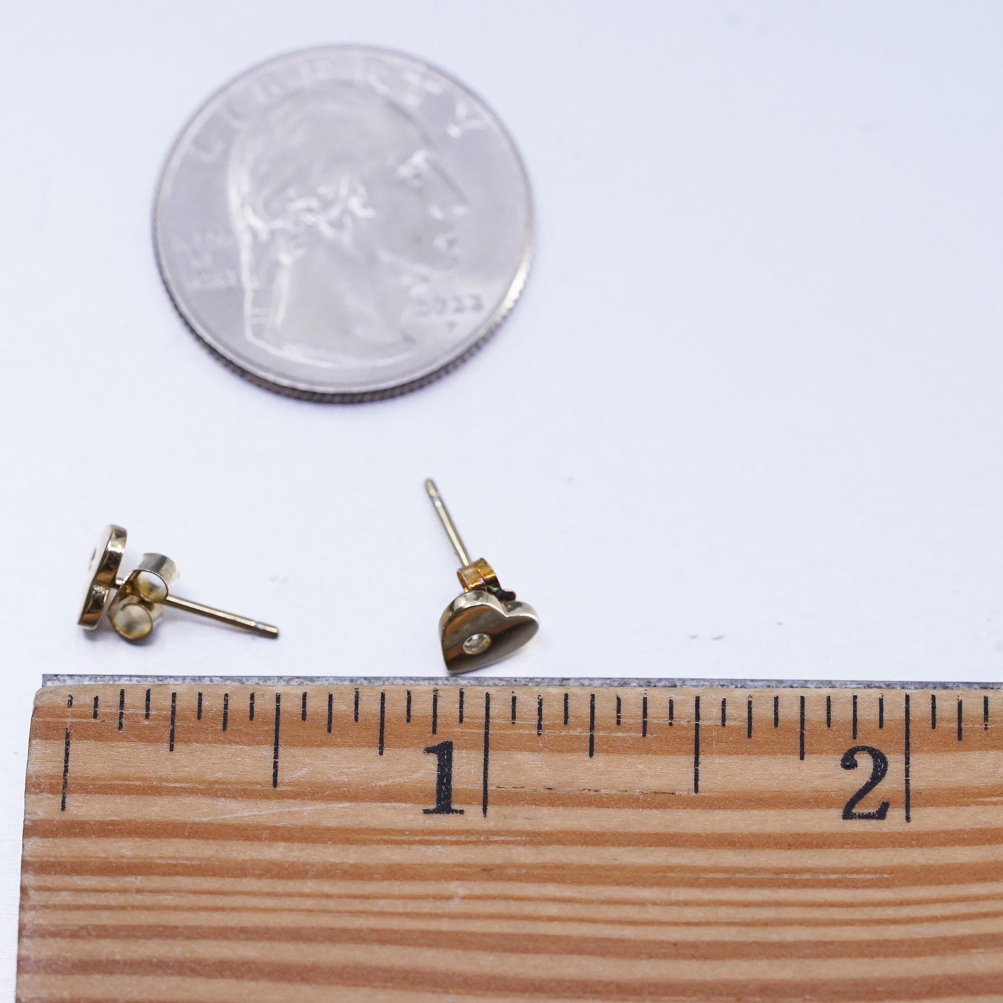 Vintage yellow gold plated Sterling 925 silver heart earrings, studs with cz