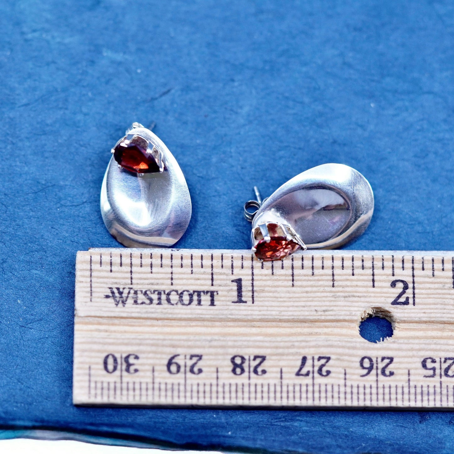 Vintage Sterling silver handmade earrings, 925 teardrop studs with ruby