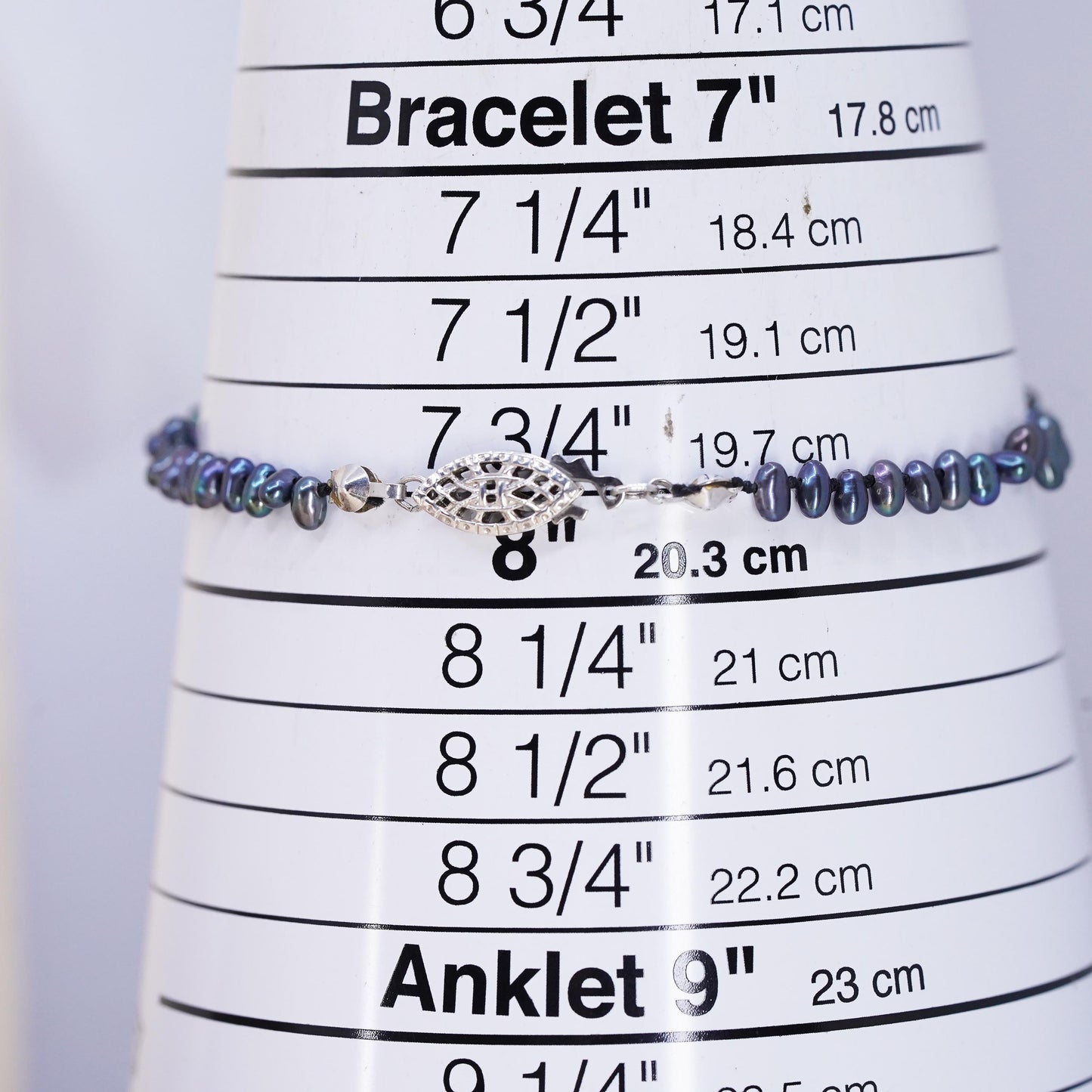 8", vintage sterling 925 silver handmade bracelet with black pearl beads