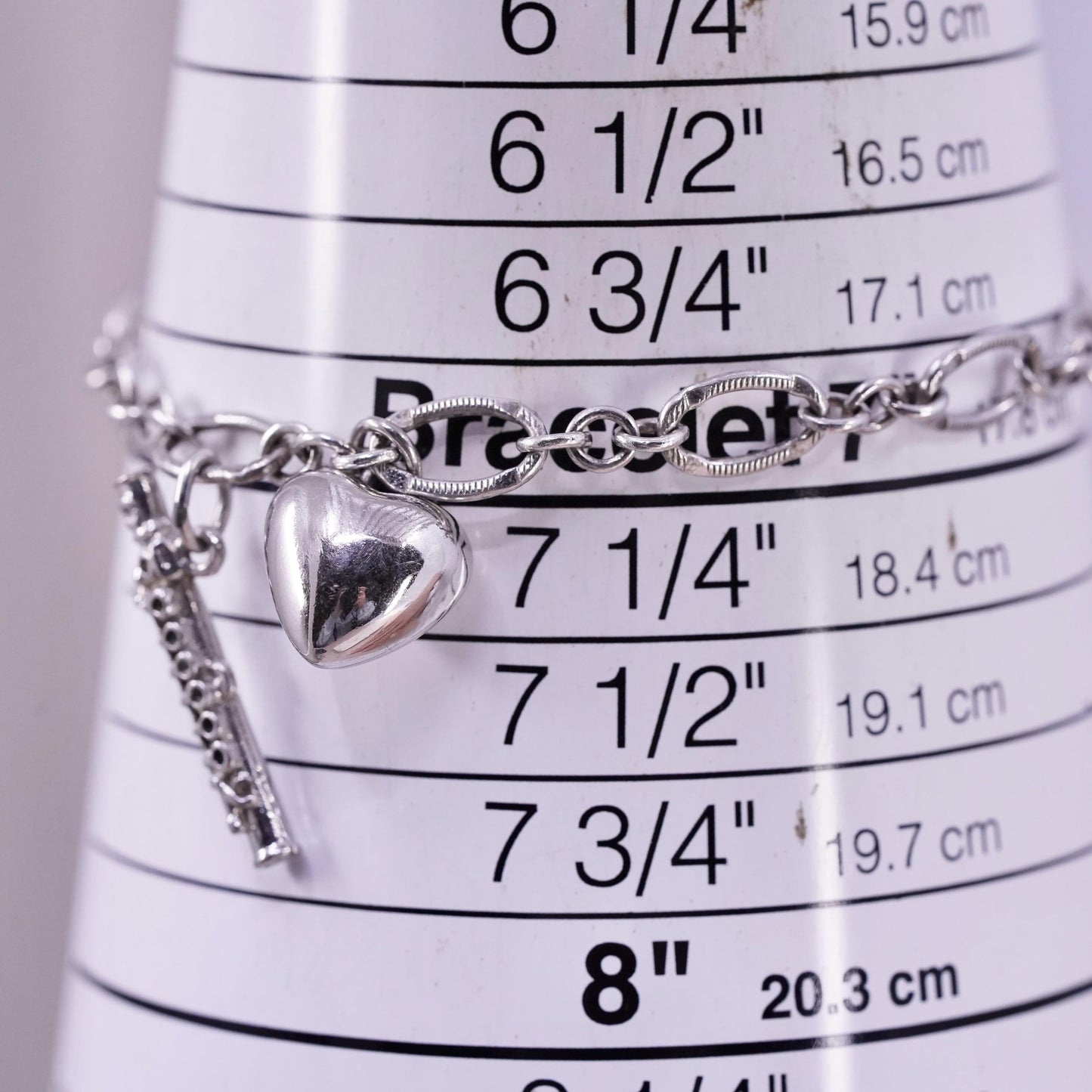 7", VTG Sterling silver handmade bracelet, 925 oval bracelet heart flute charms
