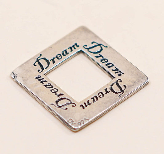 vtg Sterling silver handmade pendant, Hammered 925 square embossed “dream”