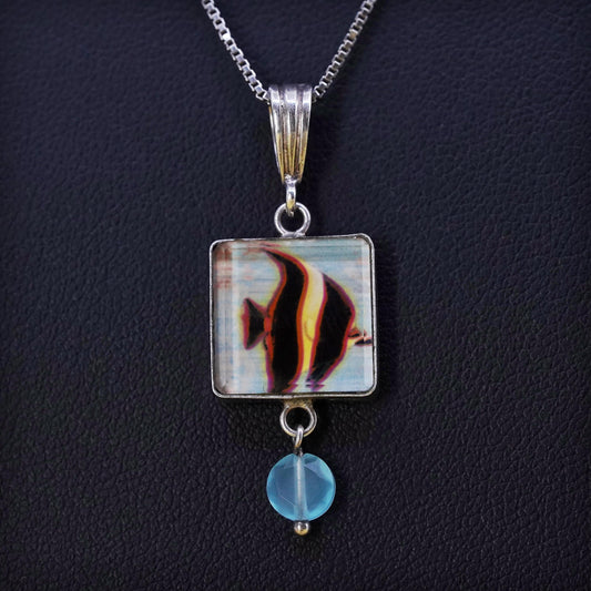 18”, Sterling 925 silver handmade necklace, double sided fish butterfly pendant