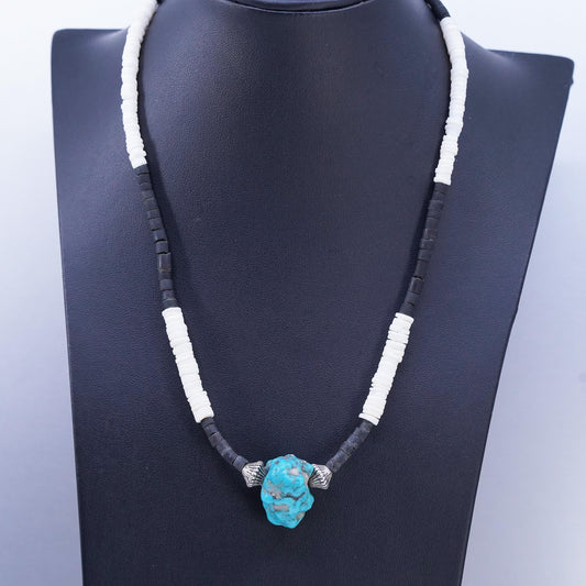 18", VTG Sterling 925 silver handmade heishi necklace turquoise nugget pendant