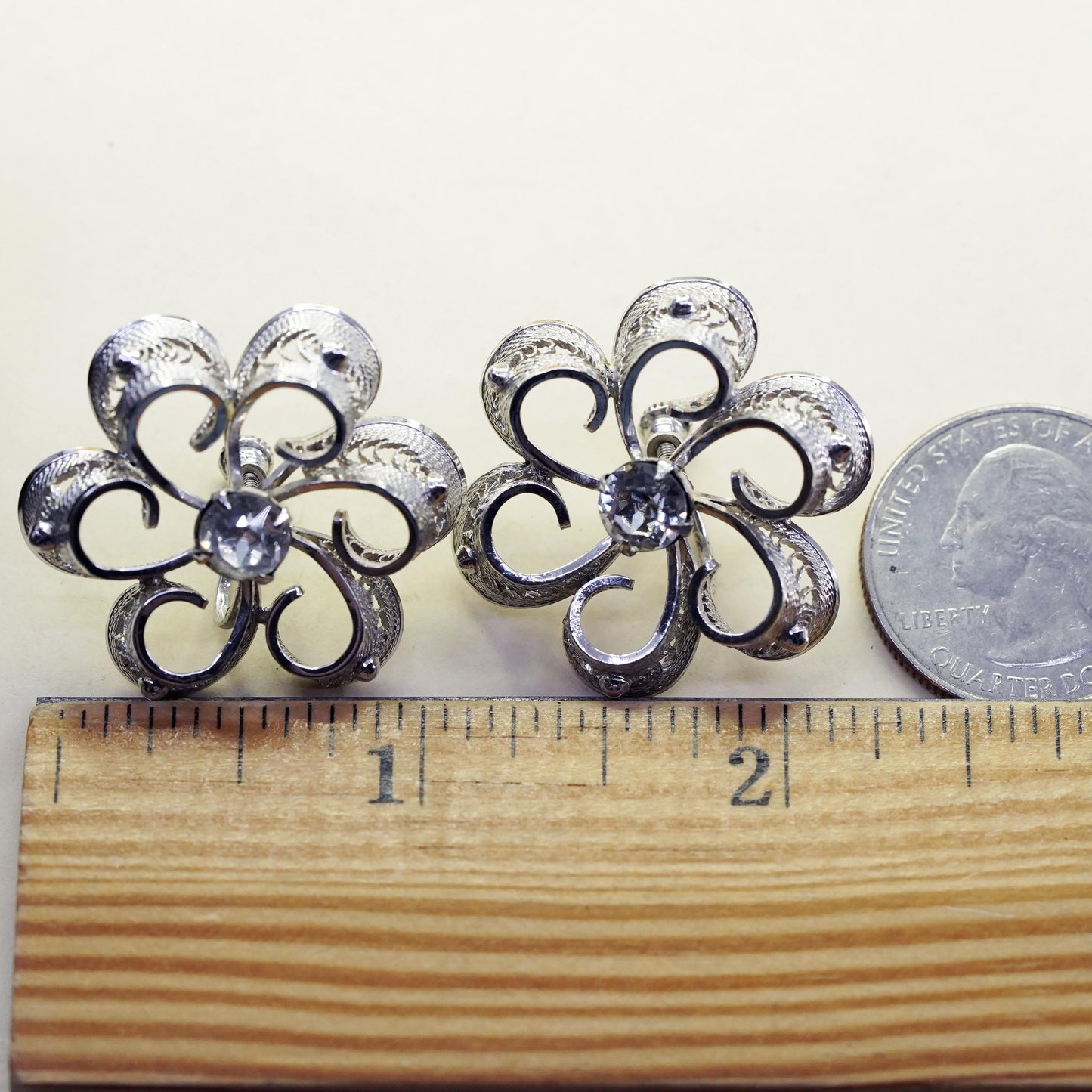 1950s sterling 925 silver earrings snowflake screw back earrings rhinestone