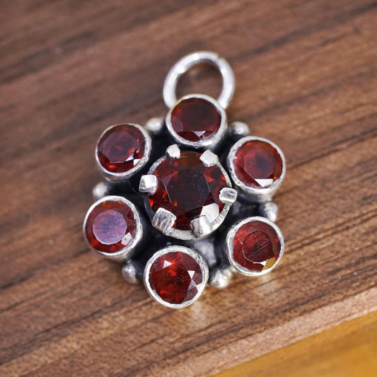 Vintage Sterling silver handmade pendant, 925 silver flower charm with garnet