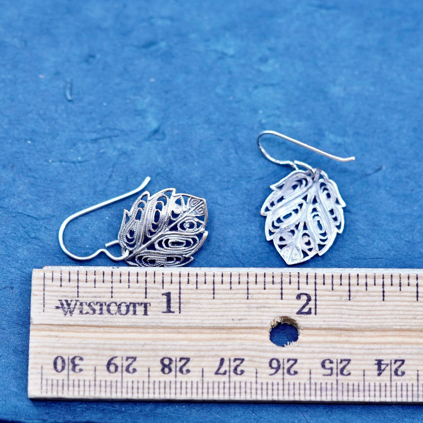 Vintage sterling silver handmade earrings, 925 filigree leaf drop