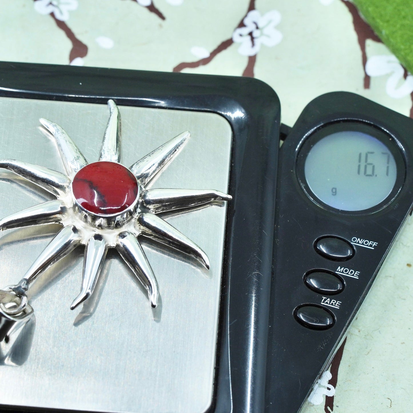 Vintage sterling 925 silver handmade sun pendant with red jasper