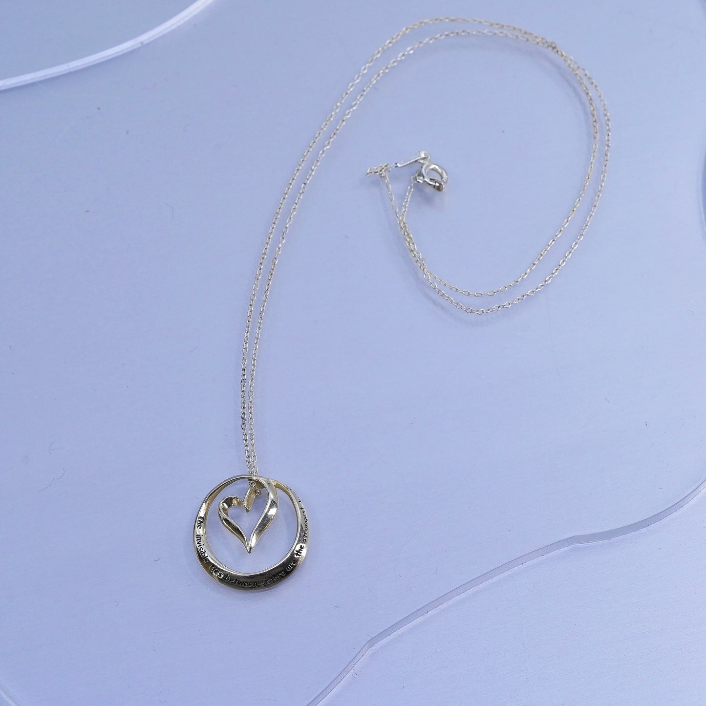 18”, vermeil gold Sterling 925 silver necklace heart pendant ties sisters