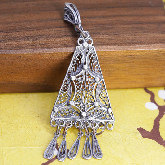 Vintage Sterling 925 silver handmade filigree pendant with fringe dangles