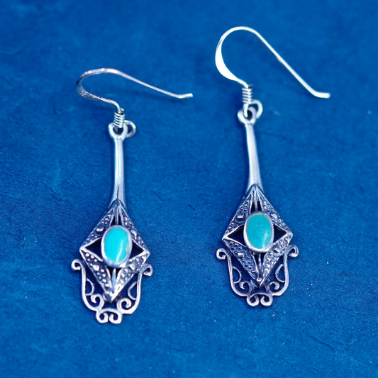 Vintage Sterling 925 silver handmade filigree earrings with turquoise