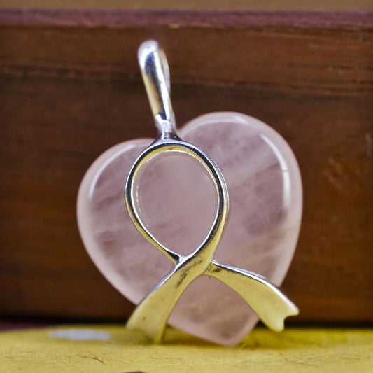 Sterling 925 silver heart pendant with pink quartz breast cancer cure ribbon