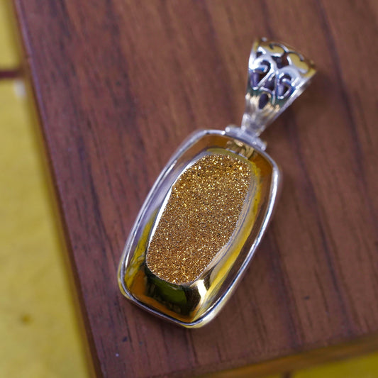 Vintage Sterling 925 silver handmade pendant with golden druzy stone