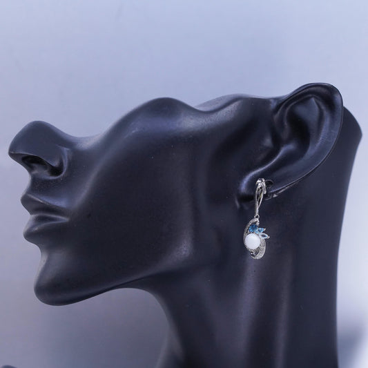 Vintage Sterling 925 silver handmade earrings with pearl topaz and diamonds