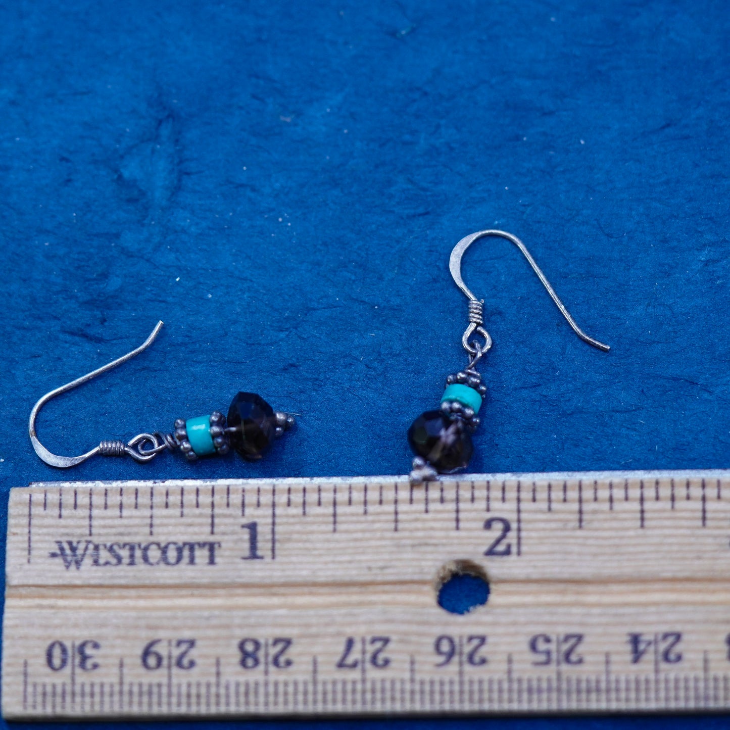 sterling silver 925 handmade earrings with smoky crystal and turquoise beads