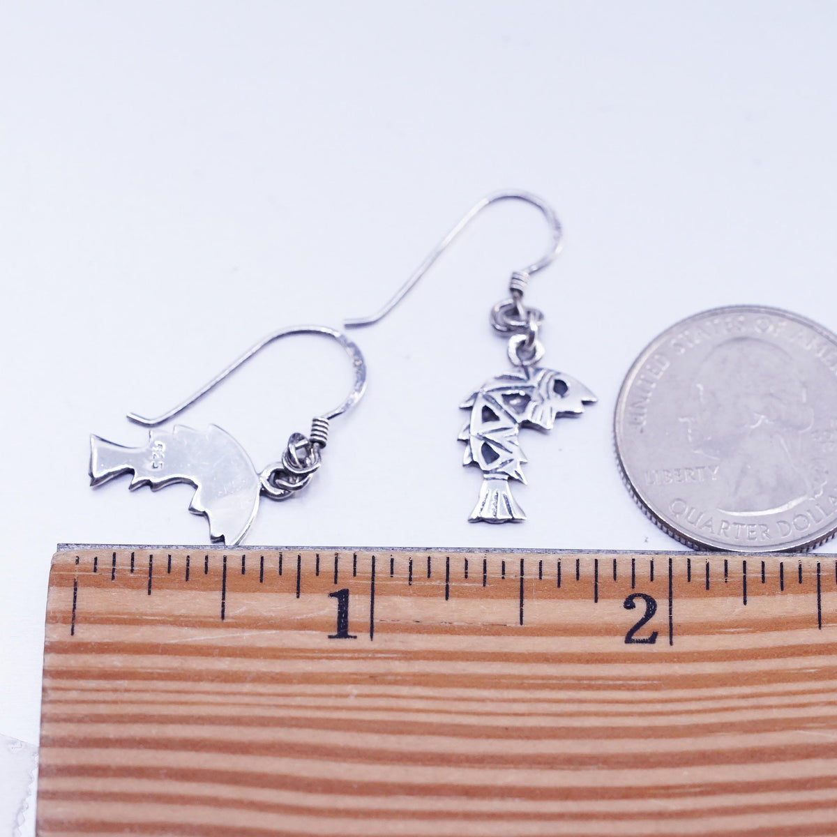 Vintage Sterling Silver 925 Fish Dangle Earrings, Geometric Fish Skeleton Drops