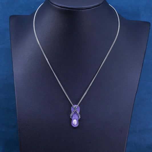 16”, VTG Sterling silver necklace, 925 curb chain purple enamel sandal pendant