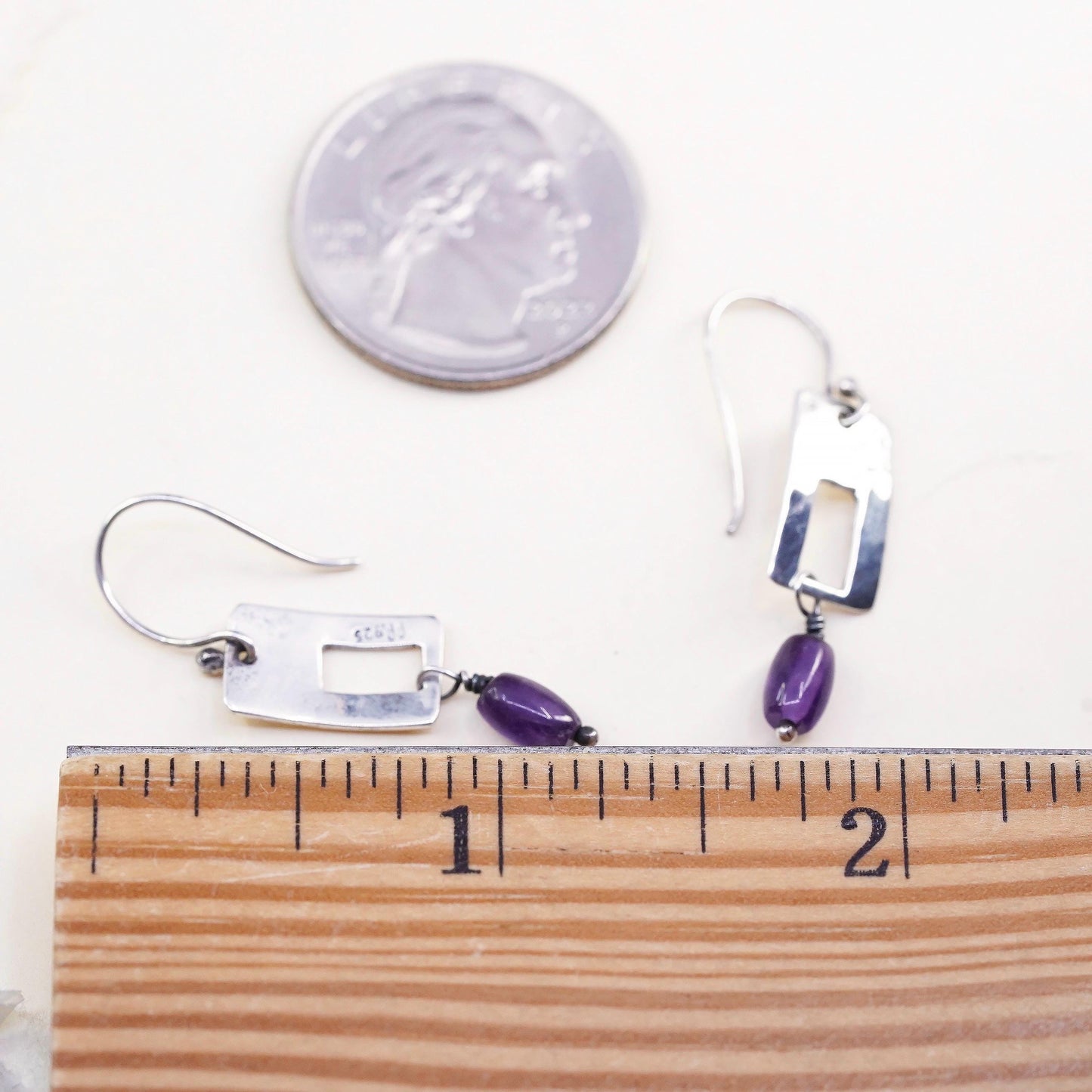 Vintage Far Fetched Sterling 925 Silver Handmade rectangular Earrings amethyst