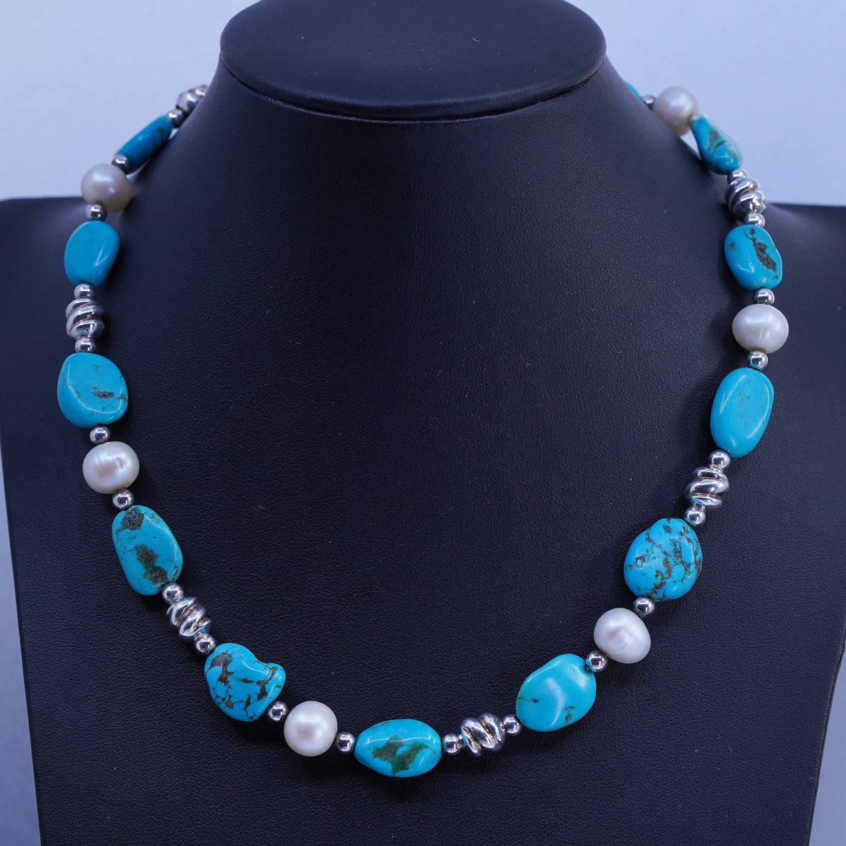 16”, Sterling 925 silver handmade necklace with turquoise nuggets and pearl