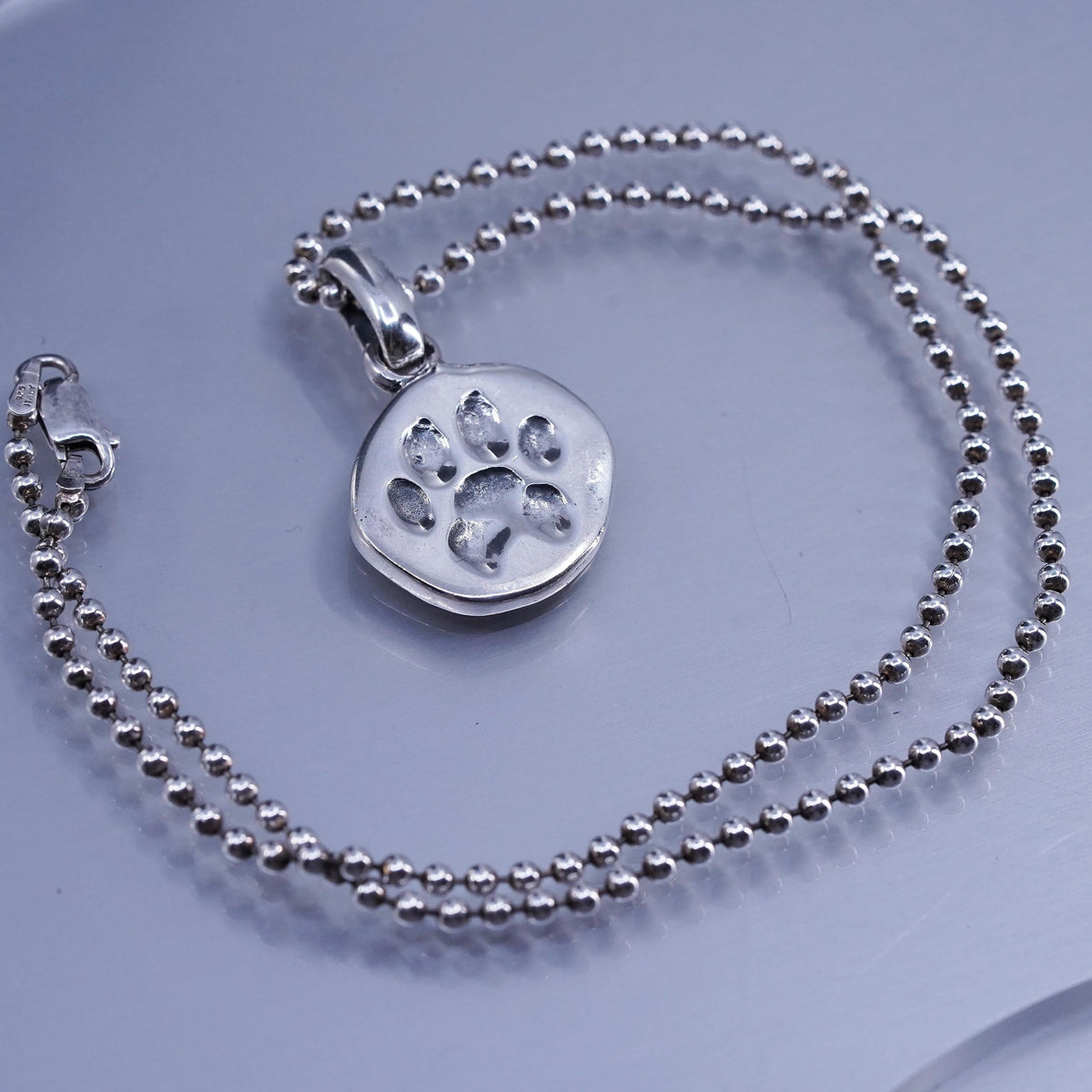 16” 2mm, Sterling 925 silver bead chain necklace with tag embossed paw print